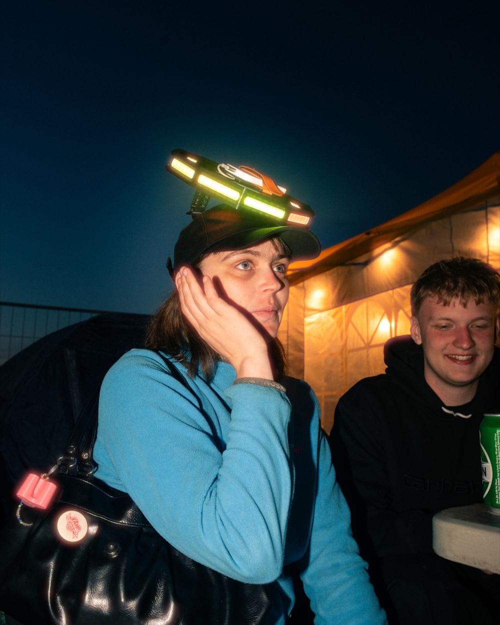 A BoogieBeam light at night in the camp